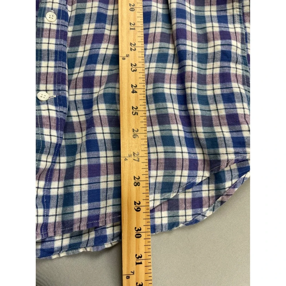 Banana Republic Mens Slim Fit Linen Cotton Plaid Button Down Shirt Blue Purple M